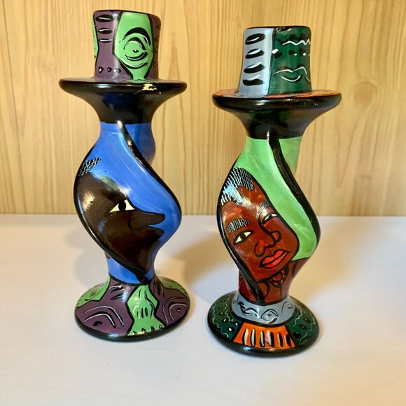 Set of 2 Hand Painted Carved Soapstone Taper Candle Holders - Picture 2 of 8